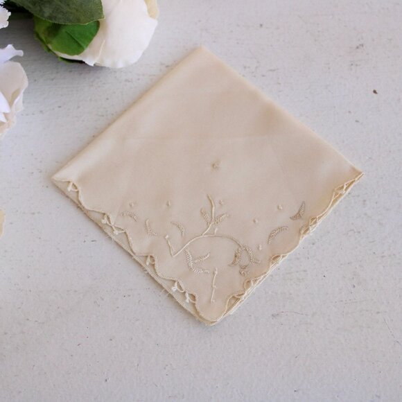 Vintage Ivory Handkerchief, Embroidered Rayon Hankie Pocket Square - Picture 1 of 10